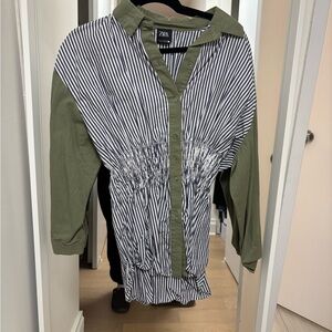 Zara Green and Striped Button-Up Blouse